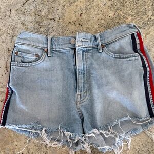 Mother Light Blue Denim Shorts with Red and Blue Stripes